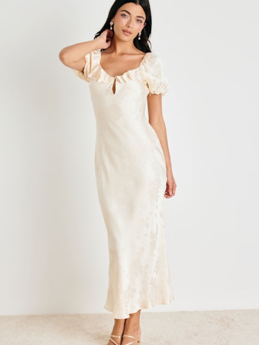 Lulus Farina Cream Floral Jacquard Puff Sleeve Maxi Dress White - Size S